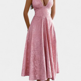 Robe Midi Jacquard Gilda avec Dos Ouvert et Taille Haute