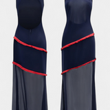 Robe Midi Bodycon Orfila avec Chiffon Contrastant et Franges