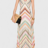 Robe Longue Agustina en Dentelle avec Décolleté en V et Motif Zigzag