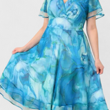 Robe en Chiffon Almira Bleue avec Imprimé Aquatique