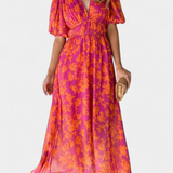 Robe Midi Fleurie Wren avec Décolleté en V et Manches Bouffantes