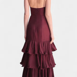 Robe Maxi Atlana Bordeaux avec Volants en Couches