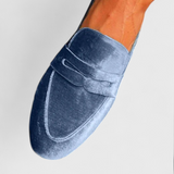 Mocassins Llnica en Velours Bleu avec Détail de Patchwork et Bout Rond