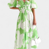 Robe Midi Fleurie Wren avec Décolleté en V et Manches Bouffantes