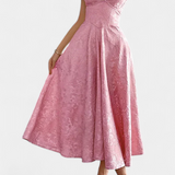 Robe Midi Jacquard Gilda avec Dos Ouvert et Taille Haute