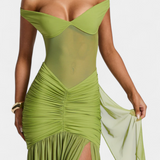 Robe en Soie de Lait Therese Longue avec Décolleté Profond et Ruching Sculpté