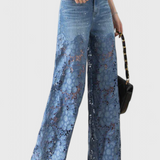 Pantalons Palazzo en Denim avec Dentelle Brodée Florale Jasiel