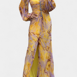 Robe Maxi Plissée Quintessa avec Manches Longues et Imprimé Vibrant