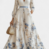 Robe Maxi en Chiffon Plissé Phaedra avec Manches Bouffantes