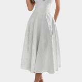 Robe Midi Jacquard Gilda avec Dos Ouvert et Taille Haute