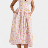 Robe Midi Margie avec Décolleté en V et Imprimé Floral Romantique