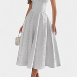 Robe Midi Jacquard Gilda avec Dos Ouvert et Taille Haute