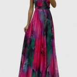 Robe Maxi en Chiffon à Imprimé Floral Caprice et Col Halter