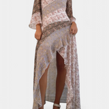 Robe Florale Ruth Longue avec Manches 3/4 et Panneaux à Volants