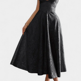 Robe Midi Jacquard Gilda avec Dos Ouvert et Taille Haute