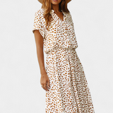 Robe Midi Rovena à Pois, Col Chemise et Taille Ajustable