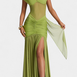 Robe en Soie de Lait Therese Longue avec Décolleté Profond et Ruching Sculpté