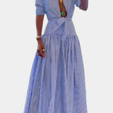 Chemisier à Col Montant Rayé Ippolita et Jupe de Costume Plissée