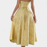 Robe Midi Jacquard Gilda avec Dos Ouvert et Taille Haute