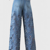 Pantalons Palazzo en Denim avec Dentelle Brodée Florale Jasiel