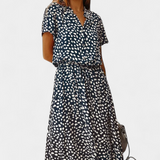 Robe Midi Rovena à Pois, Col Chemise et Taille Ajustable